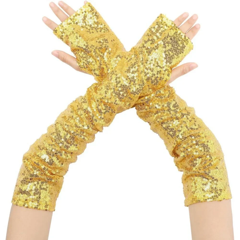 Women's Sequin Gold Sparkly Fingerless Long Arm Sleeve Warmers Gloves Party